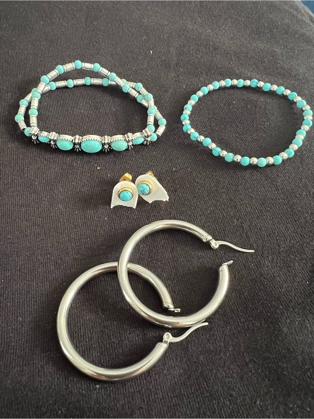 2 Turquoise Bead Bracelet. Small stud  & Hoop Earring Set - Women Jewelry